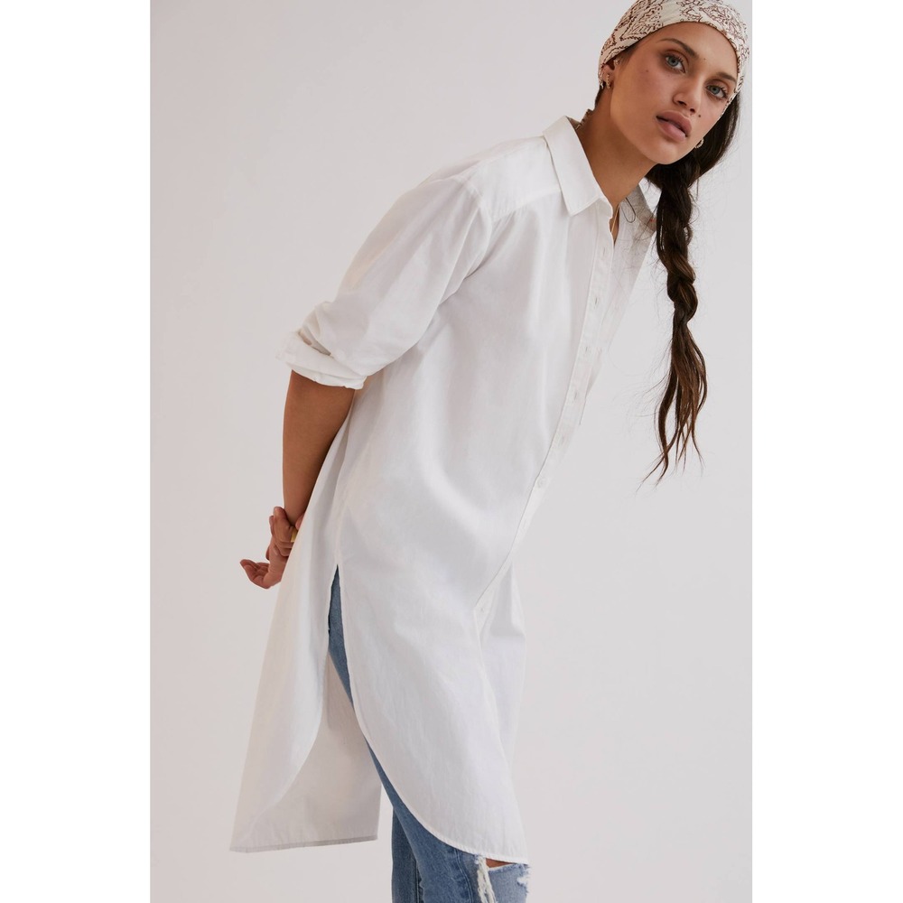 Maeve Anthropologie White Cotton Longline Button up Tunic top XL minimalist boho
